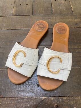 White Croc-Embossed Leather Chloe Slide Sandals